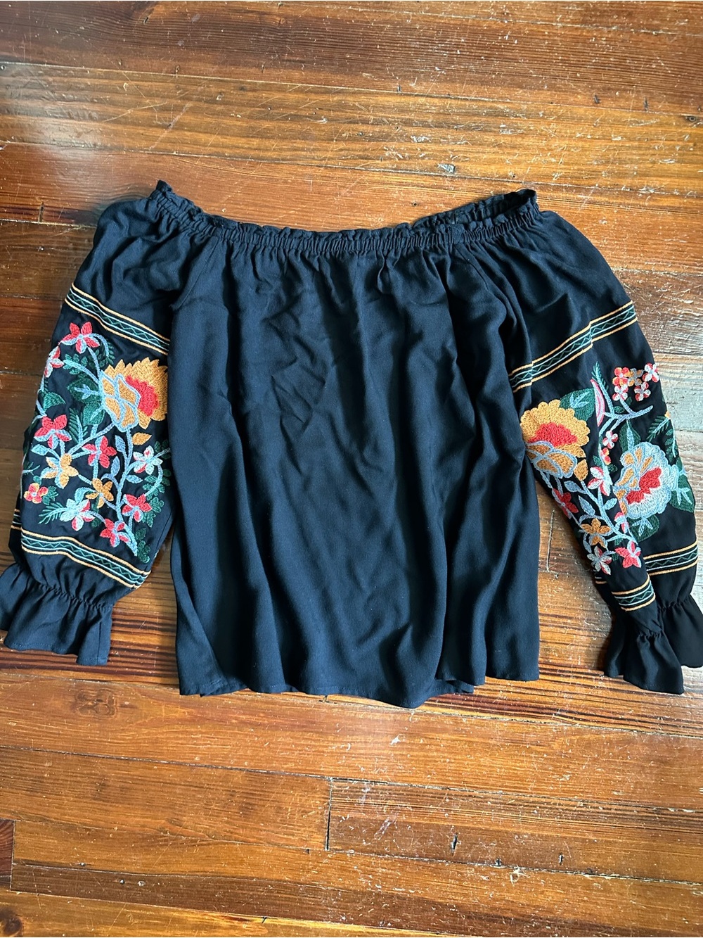 Sugarlips Black Off-Shoulder Blouse with Multicolor Floral Embroidered Sleeves
